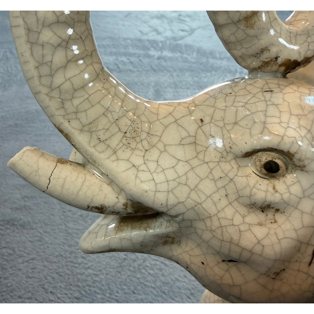 Vintage Ceramic Elephant Figurine Crackle Glaze Lucky Upturned Trunk Off-White - Picture 8 of 16